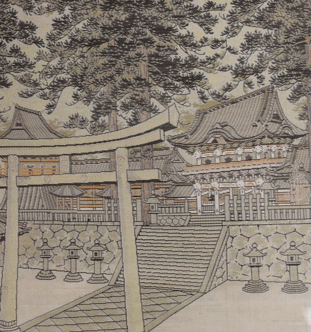 A set of six Japanese silk woven architecture scenes in painted lacquered framed, 25 x 24cm